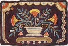 Bowl Of Flowers, rug hooked by Fritz Mitnick Bowl Of Flowers, Rug Hooking Designs, Honey Bee Hives, Rug Patterns, Monks Cloth, Primitive Rugs, Rug Hooking Patterns, Hand Hooked Rugs, Hooked Rug