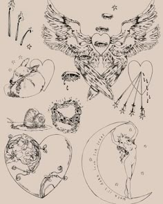 some drawings that are on the back of a sheet of paper with hearts and wings