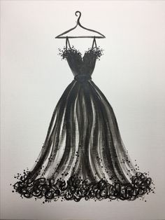 a drawing of a dress on a hanger with black and white swirls around it