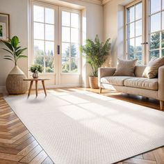 a living room filled with furniture and windows next to a wooden floor covered in plants