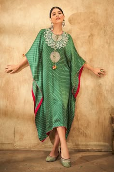 Shop for these amazing collections of Green Modal Satin Print Bandhani Round Neck Pattern Floral Embroidered Kaftan For Women by Aditi Somani online at Aza Fashions. Bandhani Pattern, Kaftan Sleeves, Kaftan Design, Kaftan Pattern, Kaftan Styles, Kaftan Women, Kaftan For Women, Embroidered Kaftan, Bandhani Dress