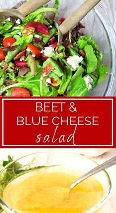 a salad with lettuce, tomatoes and blue cheese dressing in a glass bowl