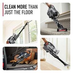 the vacuum is being used to clean stairs and carpets with it's attachments