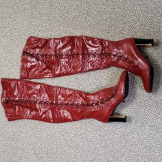 Red Thigh High Lace Up The Sides Zippered Boots-New, Never Worn. Red Party Boots With Zipper Closure, Long Sleeve Backless Dress, Velvet Shoes, Cute Nike Shoes, Cute Nike, Zipper Boots, Black Girls Hairstyles, Thigh High, Lace Up Boots