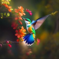 a colorful bird flying next to a tree filled with flowers