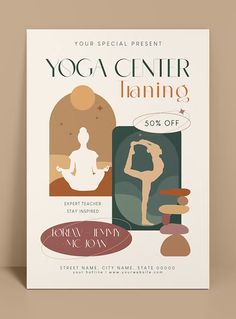 a poster for a yoga class with an image of a woman doing yoga on the front