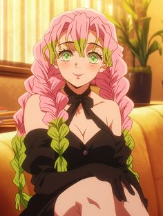 a woman with pink hair and green eyes sitting on a couch in front of a potted plant