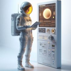 an astronaut standing in front of a radio and looking at something on the display screen