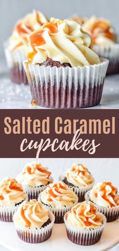 salted caramel cupcakes with white frosting and orange icing on top