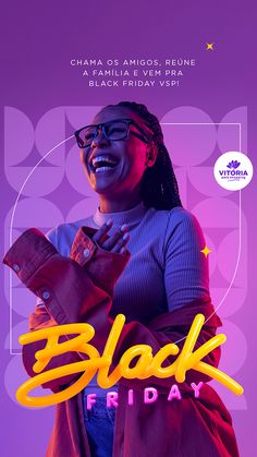 the black friday flyer is shown with a woman in glasses and a purple shirt smiling