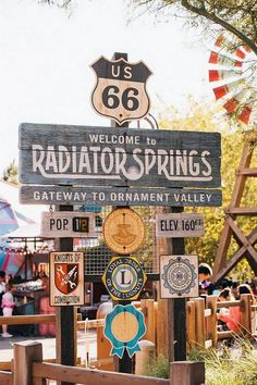 a sign for the us 66 radiator springs amusement park in california, usa