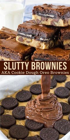 Chewy chocolate chip cookie dough, Oreos and fudgy brownie - these slutty brownies are over the top decadent #sluttybrownies #cookiedough #chocolatechip #brownie #fudge #recipe from Just So Tasty,cookie recipes funfetti, easy cookie recipes 4 ingredients simple, cookie recipes without chocolate chips, quaker oats cookie recipes, easy cookie recipes 4 ingredients christmas, cookie recipes ingredients Cookie Dough Oreo Brownies, Easy Baking Recipes Desserts, Sweet Snacks Recipes, Baked Dessert Recipes, Fun Baking Recipes, Easy Baking Recipes, Food Cakes, Chocolate Chip Cookie, Desert Recipes