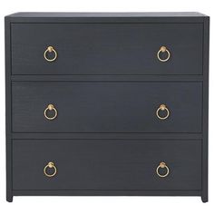 a black chest of drawers with gold handles and knobs on the bottom, against a white background