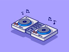 two turntables sitting next to each other with musical notes coming out of them