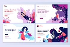 four different landing page designs for beauty products and cosmetics stores, with an image of a woman