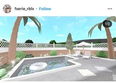 an animated view of a pool with palm trees in the back ground and a white fence around it