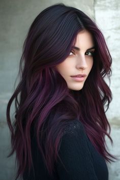 Burgundy Hair For Brunettes, Brunette Hair Lowlights Dark, Edgy But Professional Hair Color, Dark Hair Violet Highlights, Layered Haircut With Balayage, Black Roots Hair Color, Fall Colors Hair Brunette, Fall Hair Color For Brunettes Purple, Best Hair Color Ideas For Brunettes