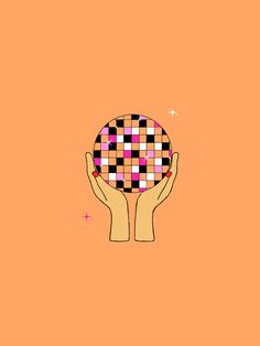 two hands are holding a colorful ball on an orange background with pink and black squares