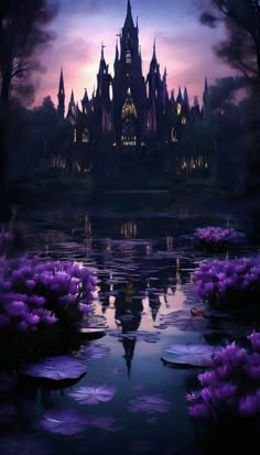 a castle is lit up at night with purple flowers in the foreground and water lilies in the foreground