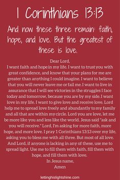 a red background with the words i corintians 13 3 and now these three remain faith, hope, and love