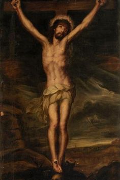 a painting of jesus on the cross with his arms raised