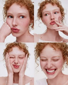 four different pictures of a woman with freckles on her face and hands over her mouth