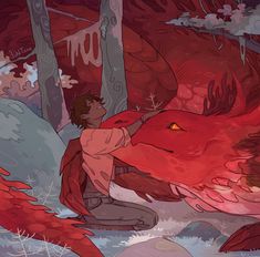 a person kneeling down next to a large red dragon in the woods with trees and rocks