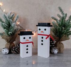 two snowmen are standing next to each other in front of pine cones and christmas lights