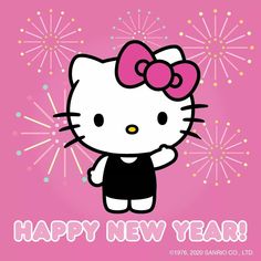 a hello kitty new year card with fireworks in the background