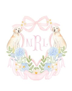 two dogs are sitting in the middle of a wreath with flowers and ribbons on it