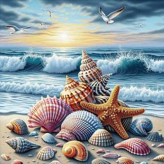 Diamond Painting of Collection of Seashells on the Seashore Beautiful Beach Scenes, Decoupage Glass, Diamond Pen, Art Creativity, Diamond Paint, Craft Lovers, Beach Scene, Diy Diamond Painting, Printed Canvas