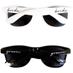 the bride and groom sunglasses are shown with their name written on them, as if they were made out of plastic