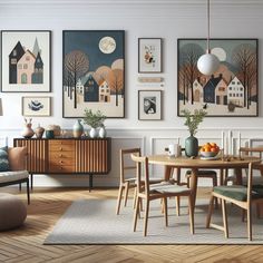 a dining room with pictures on the wall