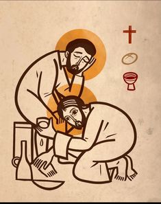 an image of a man with a child on his lap in front of a cross