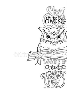 an owl reading a book with the words stay awake on it's back side