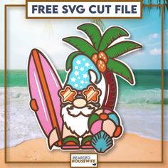 an image of santa claus on the beach with a surfboard and palm tree sticker