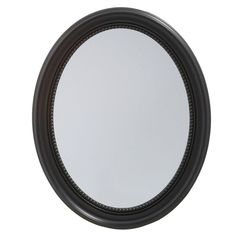 a round mirror with beaded trim around the edges and an oval frame, on a white background