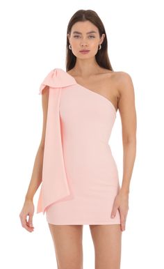 One Shoulder Bow Dress in Pink | LUCY IN THE SKY Winter Formal Dresses Short, Cute Dresses For Dances, Recruitment Dresses, Pink Hoco Dresses, Light Pink Mini Dress, Short Semi Formal Dresses, Fancy Short Dresses, Rush Outfits, Semi Dresses