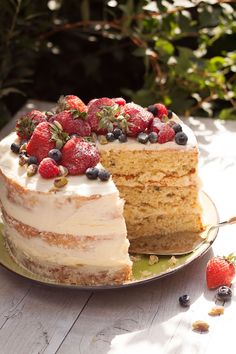 a cake that has been cut into pieces and is sitting on a plate