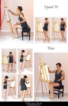 the woman is painting on an easel and posing for it's own pictures