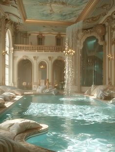 a large indoor swimming pool in a fancy building