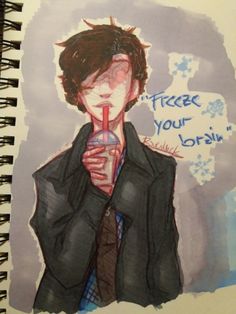 a drawing of a young man holding a drink in his hand with the words freeze your brain written on it