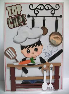 a card with a chef holding a carrot and cooking utensils