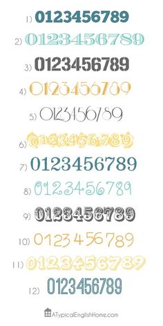 the numbers are arranged in different colors and sizes, including one for each letter on the bottom