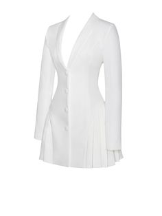 Elevate your style with our chic white blazer dress, meticulously crafted with luxurious lining for a flawless fit and feel. This sophisticated piece features fabric-covered buttons that add a touch of elegance to the ensemble. The pleated bottom adds a feminine flair, creating movement and grace with every step. Perfect for any occasion, from cocktail parties to business meetings, whether you're dressing it up with heels or keeping it casual with flats, this white blazer dress is sure to make a statement wherever you go. Materials: Woven Stretch Crepe Length from high point shoulder: Approx 32.6 inch / 83 cm Stretch Factor: Low Stretch Clean: Dry-clean only Model Is Wearing A Size XS (US-2) Model Is 5'11'' Color may vary due to lighting on images. The product images (without model) are th Two Piece Suits For Women, Black And White Graduation Outfit, Bridal Stylist Work Outfit, Blazer Dress Wedding, Classy Graduation Outfit, Statement Clothing Pieces, Grad Fits, White Business Dress, White Blazer Dress