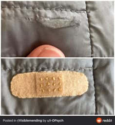 two pictures of the inside of a jacket with buttons on it and an image of a button that has been sewn onto