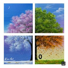 four different paintings of trees and the moon