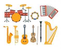 an assortment of musical instruments on a white background