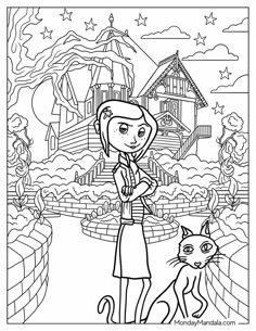 a girl and her cat in front of a house with stars on the roof coloring page