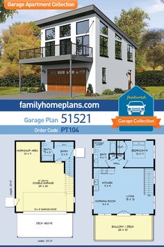 two story house plan with garage and apartment in the back ground level, one bedroom on the second floor